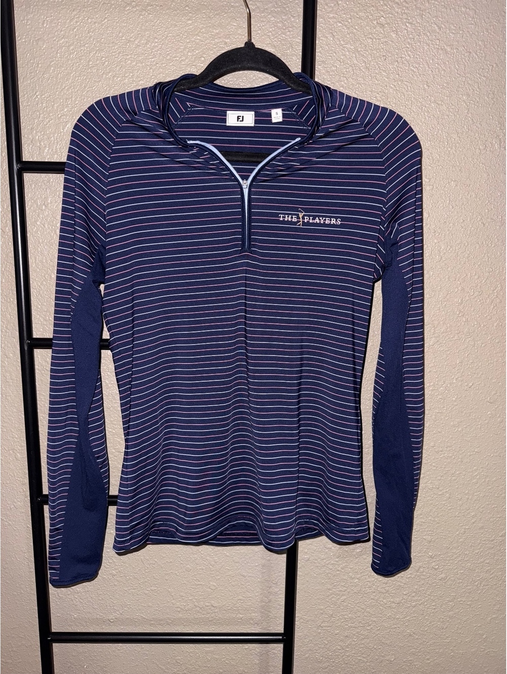 FJ The Players Navy Blue Striped Long Sleeve Golf Pullover Size Small